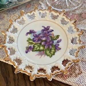 Hand-Painted Porcelain Violets Dish with Gold Trim